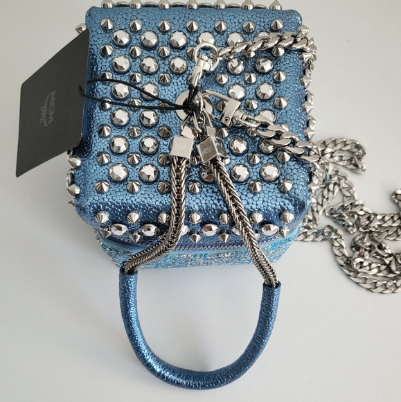 MCM Blue Studded Cube Leather Pouch - Picture 3 of 8